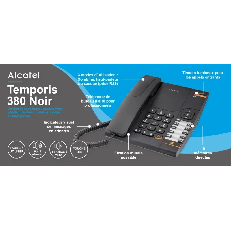 Téléphone de bureau filaire noir avec combiné à cordon spiralé, clavier numérique et touches de mémoires latérales.