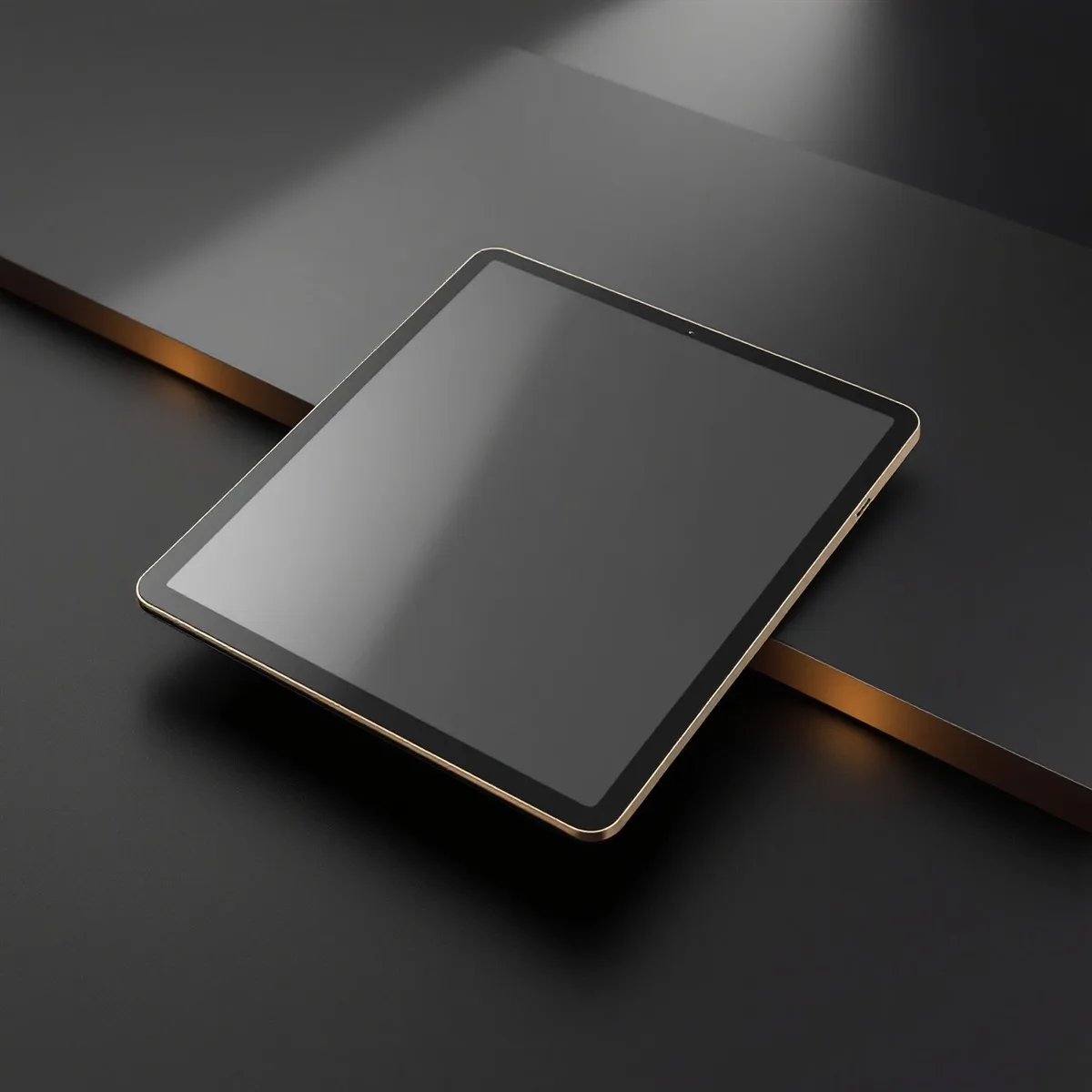 Tablette tactile noire à contour doré posée en biais sur une surface sombre.