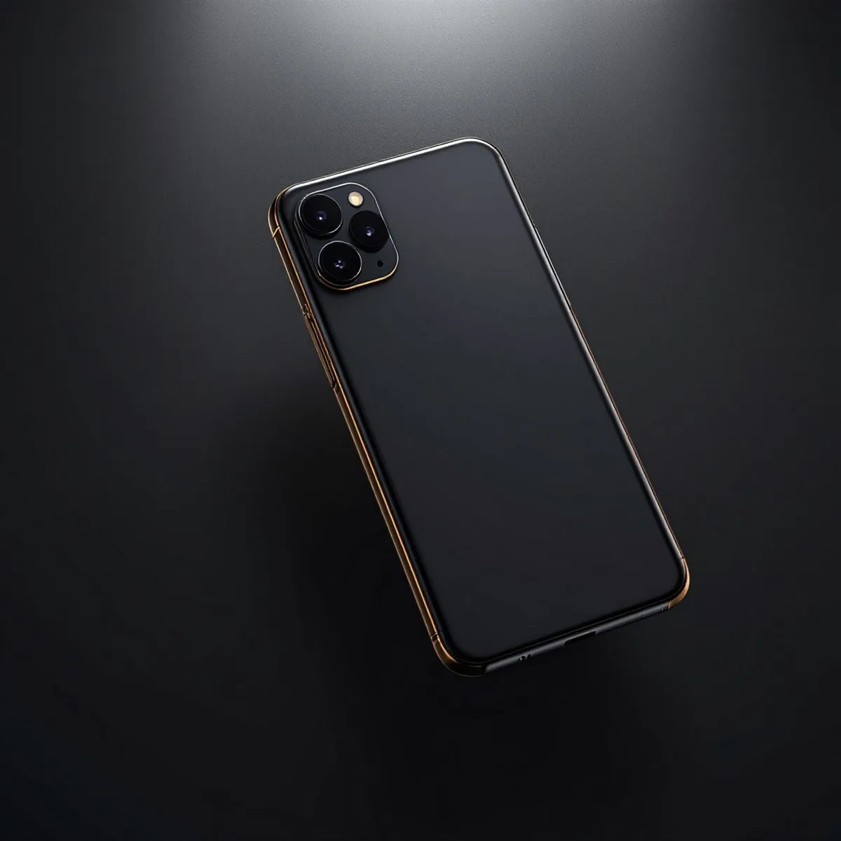 Smartphone noir vu de dos, posé sur fond sombre avec un trait de lumière orange.