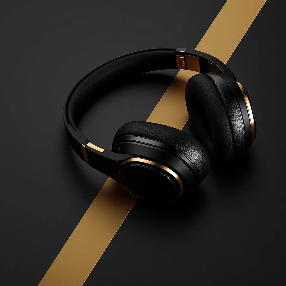 Casque audio noir à finitions dorées posé sur fond sombre traversé d'une bande dorée.
